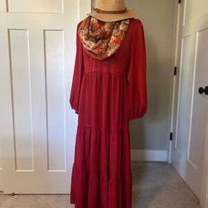 Chic Long Sleeve Red Maxi Dress